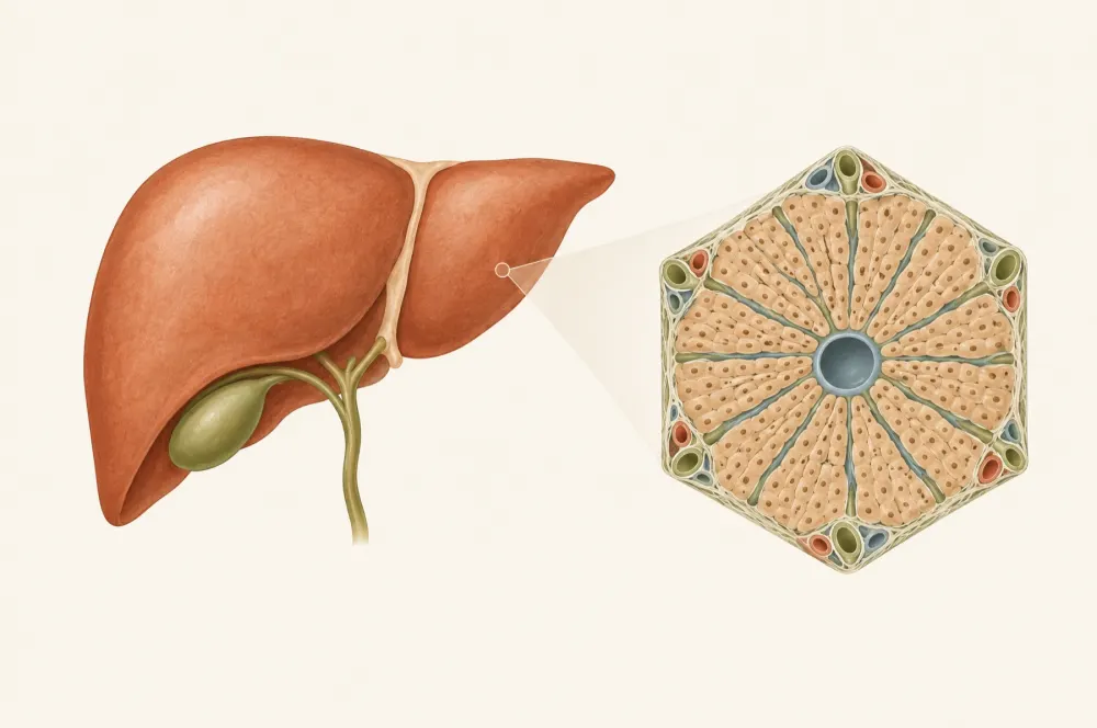 Illustration du foie avec la vésicule biliaire et un lobule hépatique agrandi