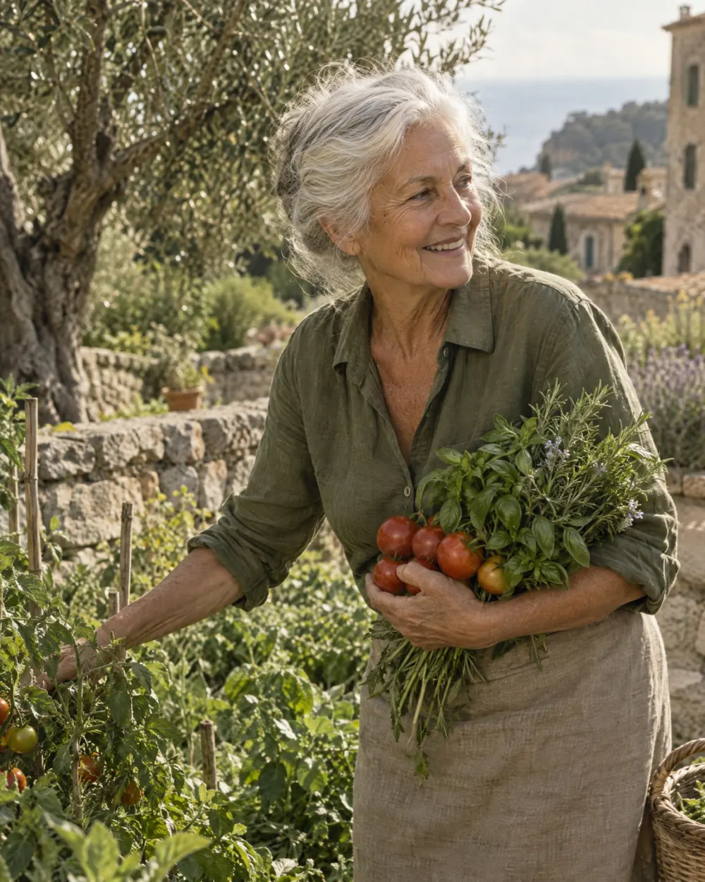 Older woman in a vegetable garden in a Mediterranean village